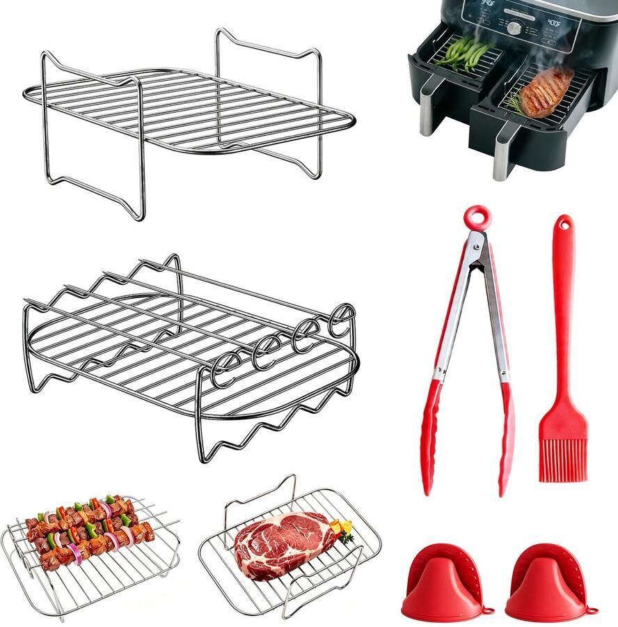 SnelShoppen 6-delige Stapelbare Airfryer Accessoires Set RVS Grillrooster voor Dubbele Mand Heetluchtfriteuse 7 6-9 5L Herbruikbaar Grillrek voo