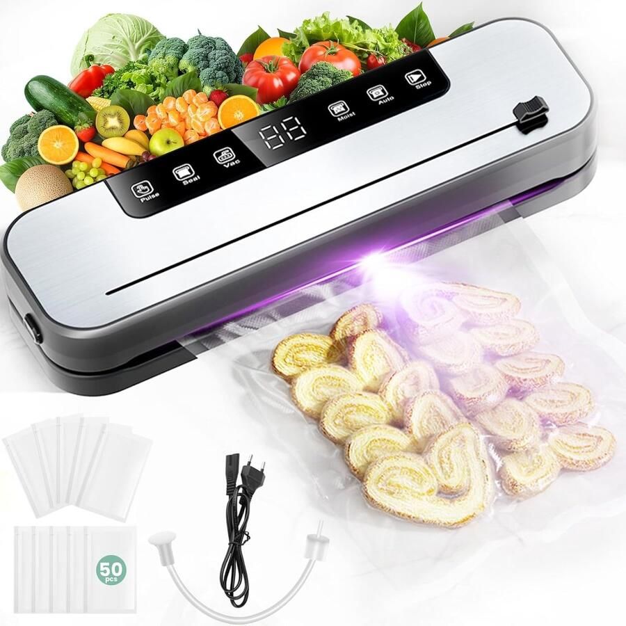 6-in-1 vacuümapparaat professionele vacuümverpakker voor levensmiddelen met 50 vacuümzakken en 1 slang voor vacuümcontainers 75KPa volautomatisch verzegelingsapparaat met snijder en digitale