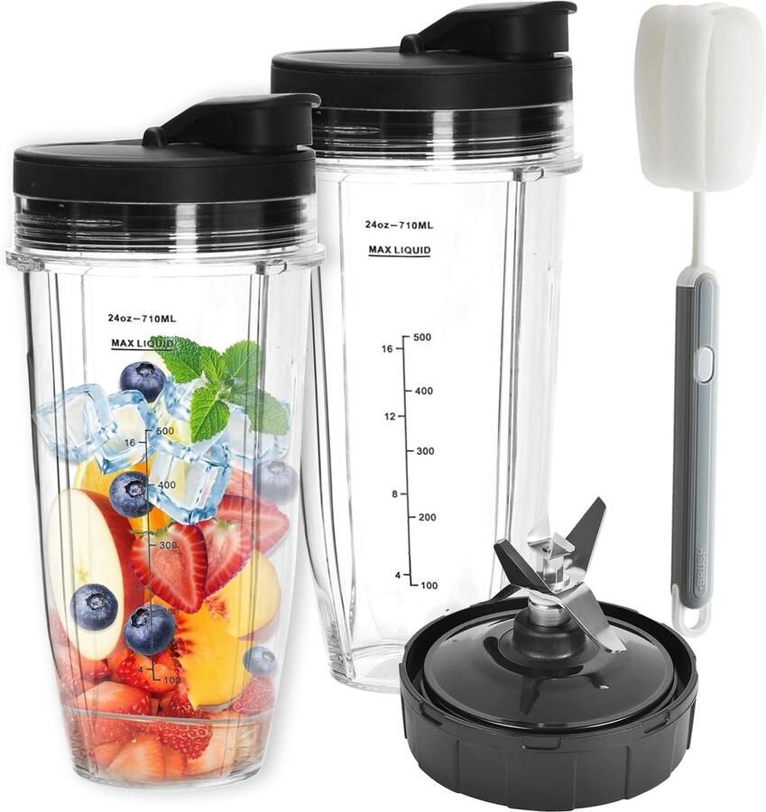 SnelShoppen 6 Pack Blender Vervangonderdelen Geschikt voor Nutri Ninja 2 x 24oz Bekers met 2 Flip Top To-Go Deksel en Borstel voor BL480 BL490 BL6