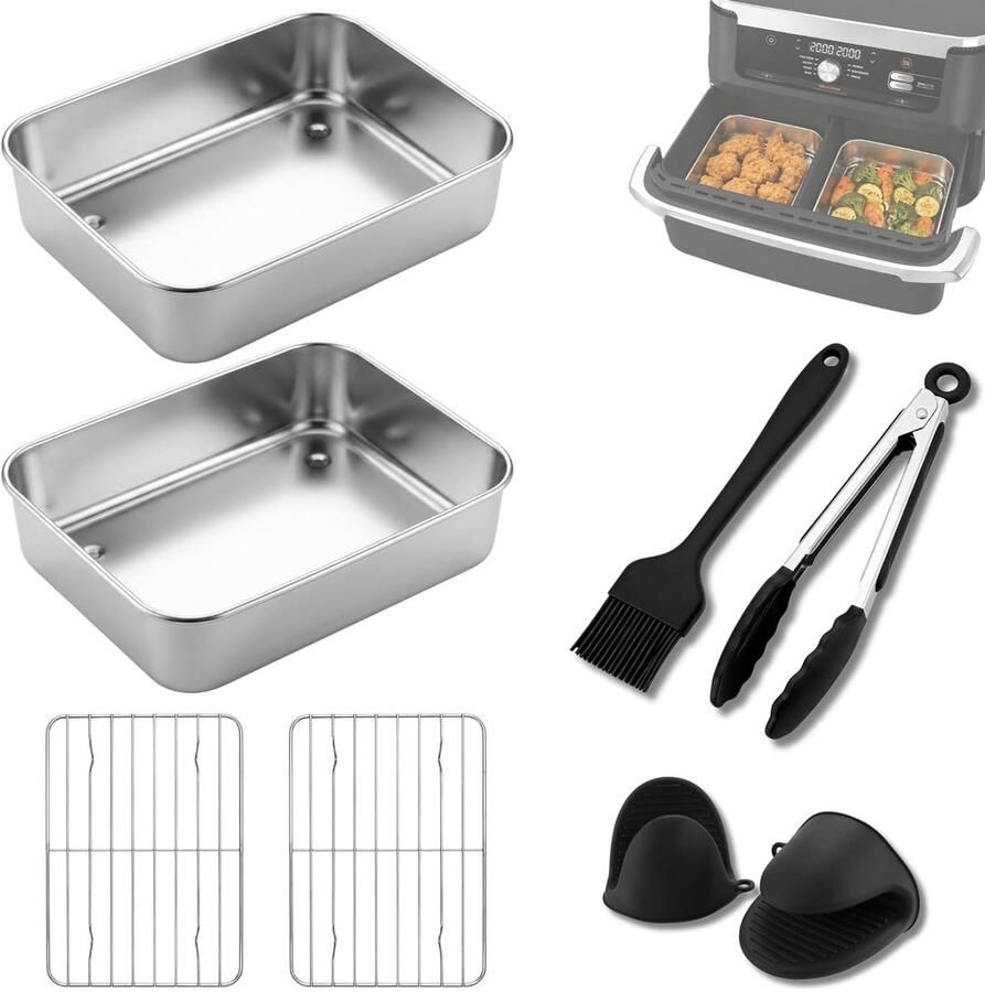 SnelShoppen 8-delige Airfryer Accessoireset voor Ninja Dual Zone & FlexDrawer Roestvrijstalen Ovenvormen Grillroosters Olieborstel Tang en Hitt