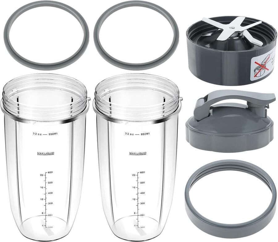 SnelShoppen 8-delige Set Vervangingsonderdelen voor Blender Cups & Mes voor Nutribullet 600W 900W 945ml Grote Cup met Flip Top To-Go Deksel O-rin
