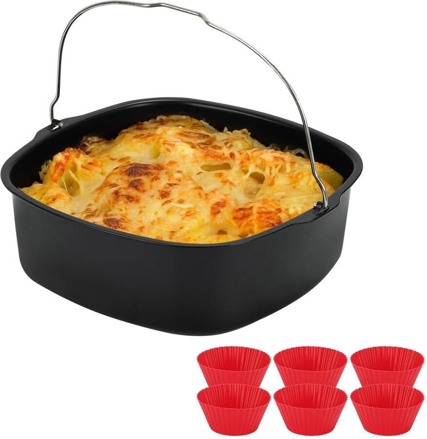 SnelShoppen 8 Vierkante Non Stick Cake Mold Air Fryer Liners Pan RVS Bakplaat Pan Roosteren Mand Bakvormen Friteuse Accessoire met 6 Mokken