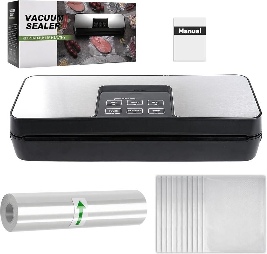 SnelShoppen 80 Kpa Droge en Natte Vacuümverpakker met 1 Rolfolie en 10 Gestructureerde Zakken Ideaal voor Keuken Inmaken Camping en Voedselopsla