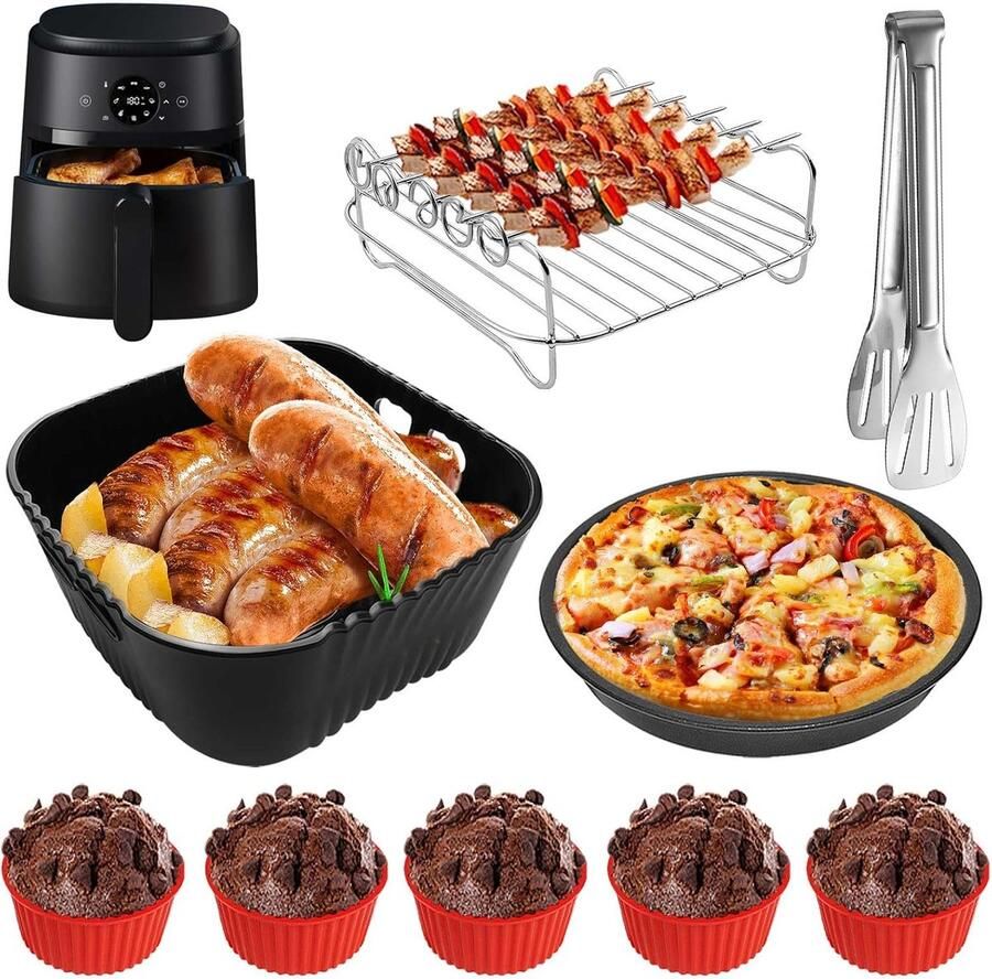 SnelShoppen 9-delige Airfryer Accessoireset 20 cm Siliconen Vorm Antiaanbak Pizzapan RVS Grillrooster met Spiesen Voor Philips Russell Hobbs