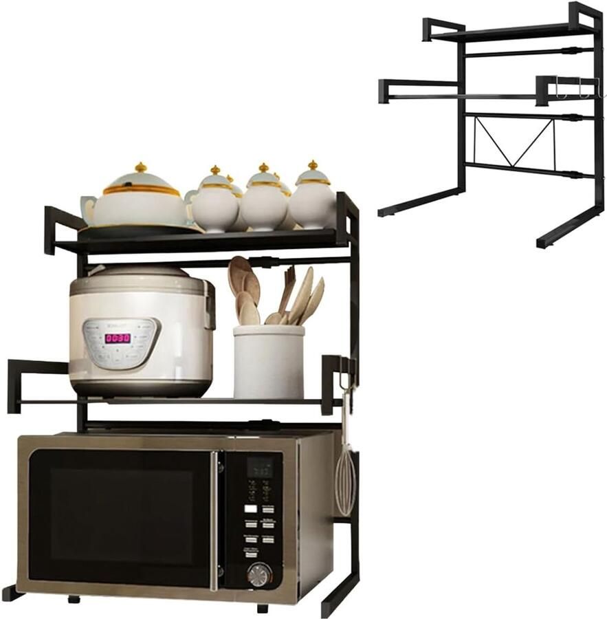 SnelShoppen Aanpasbare Magnetron Kast Keuken Rack Keuken Plank Keuken Opbergruimte Verstelbare Magnetron Stand Oven Rek Metaal Zwart