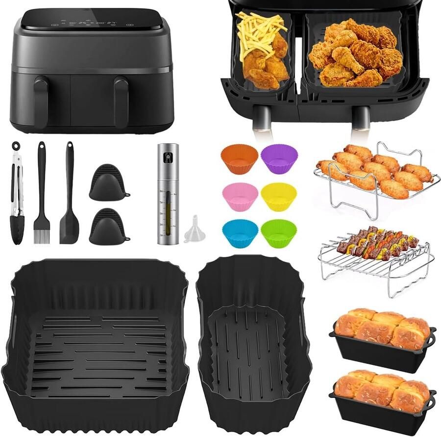 SnelShoppen Accessoires voor Airfryer Dual Basket 3000 Series 24-delige Set BPA-vrij Inclusief 6L en 3L Airfryer Voeringen Roestvrijstalen B
