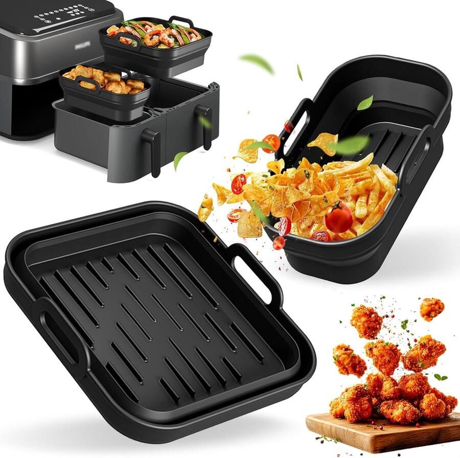 SnelShoppen Accessoires voor Heteluchtfriteuse Opvouwbare Siliconen Bakvormen voor Philips Airfryer Dual Basket 3000-5000-serie 9L 2 Stuks Inzets