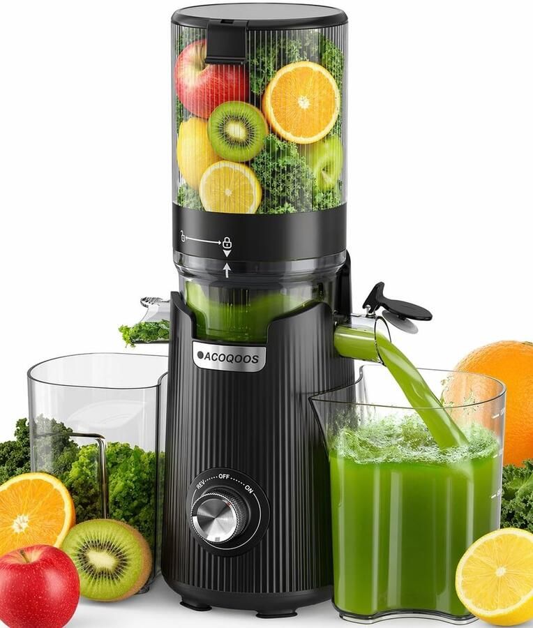 SnelShoppen ACOQOOS Slow Juicer Whole Fruit en Groente Juicer met 135 mm Extra Brede Vulopening 1.8 L Container Eenvoudig Schoon te Maken Zwart