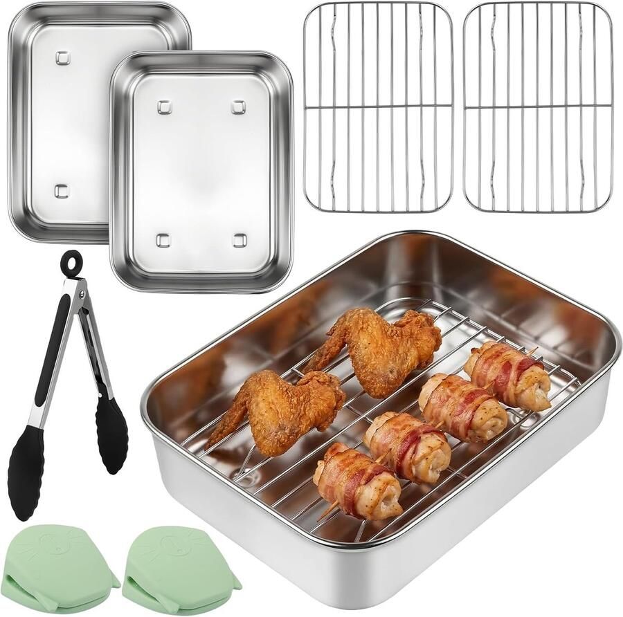 SnelShoppen Air Fryer Accessoire Set 6-delige Set voor 7.6L 9.5L 10.4L Airfryer 2 Ovenschalen 2 Grillroosters RVS 304 Inclusief Tangen en
