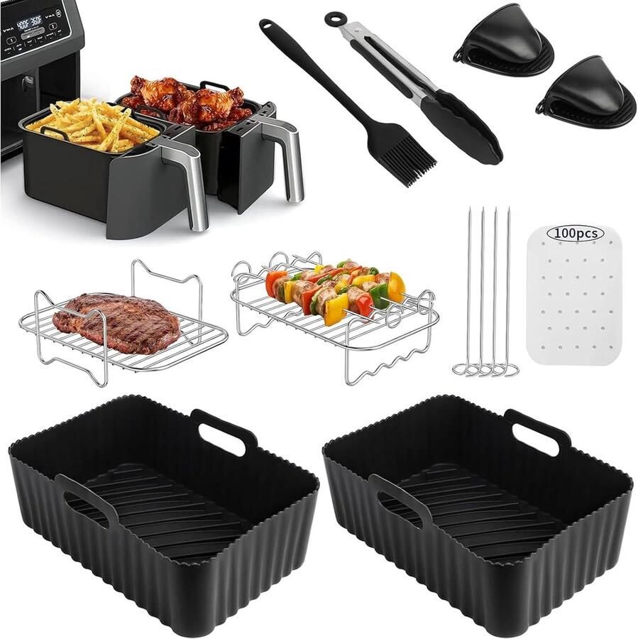 SnelShoppen Air Fryer Accessoires 9-delig Roestvrij Staal Grillrooster Luchtfriteuse Antiaanbaklaag Geschikt voor Ninja AF400EU AF300EU AF50