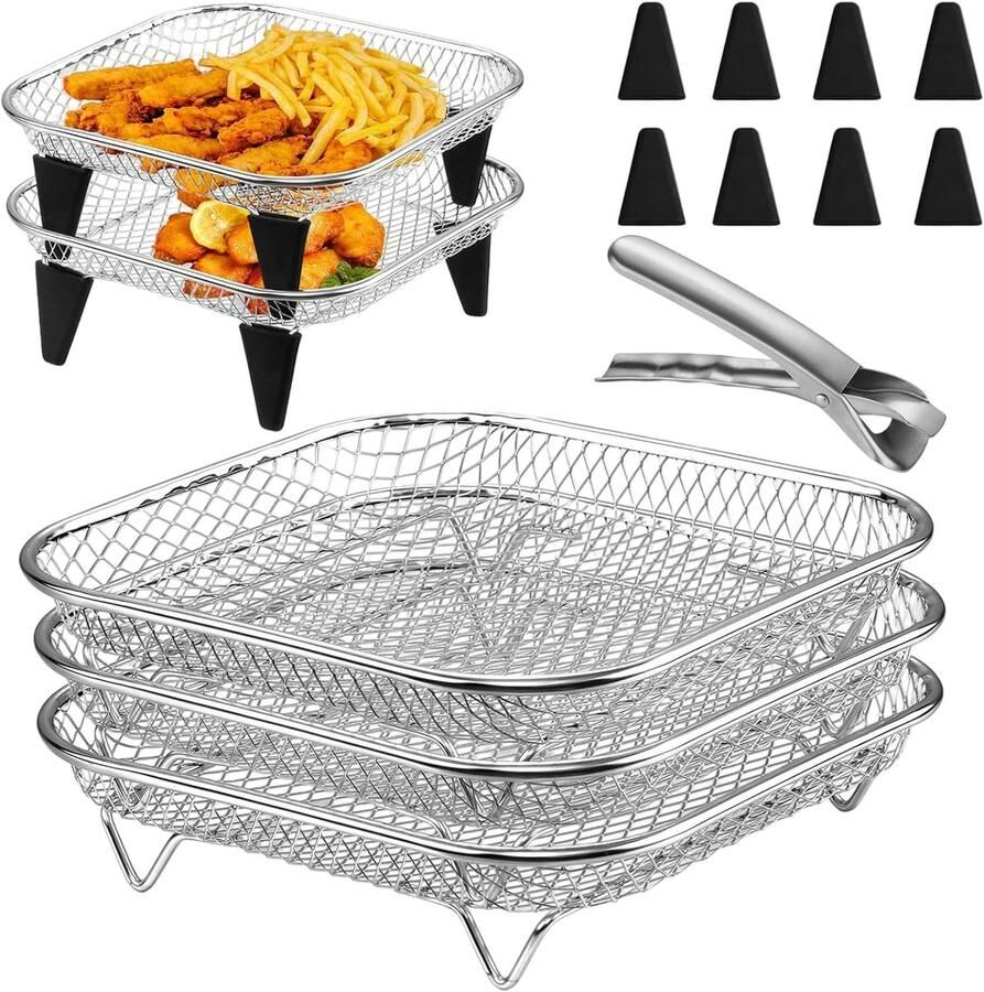 SnelShoppen Air Fryer Accessoires Set 21cm Vierkante Racks 3 Stapelbare RVS Mandjes Anti-Scald Clip & 8 Siliconen Voetjes Voor Gezonde Snacks
