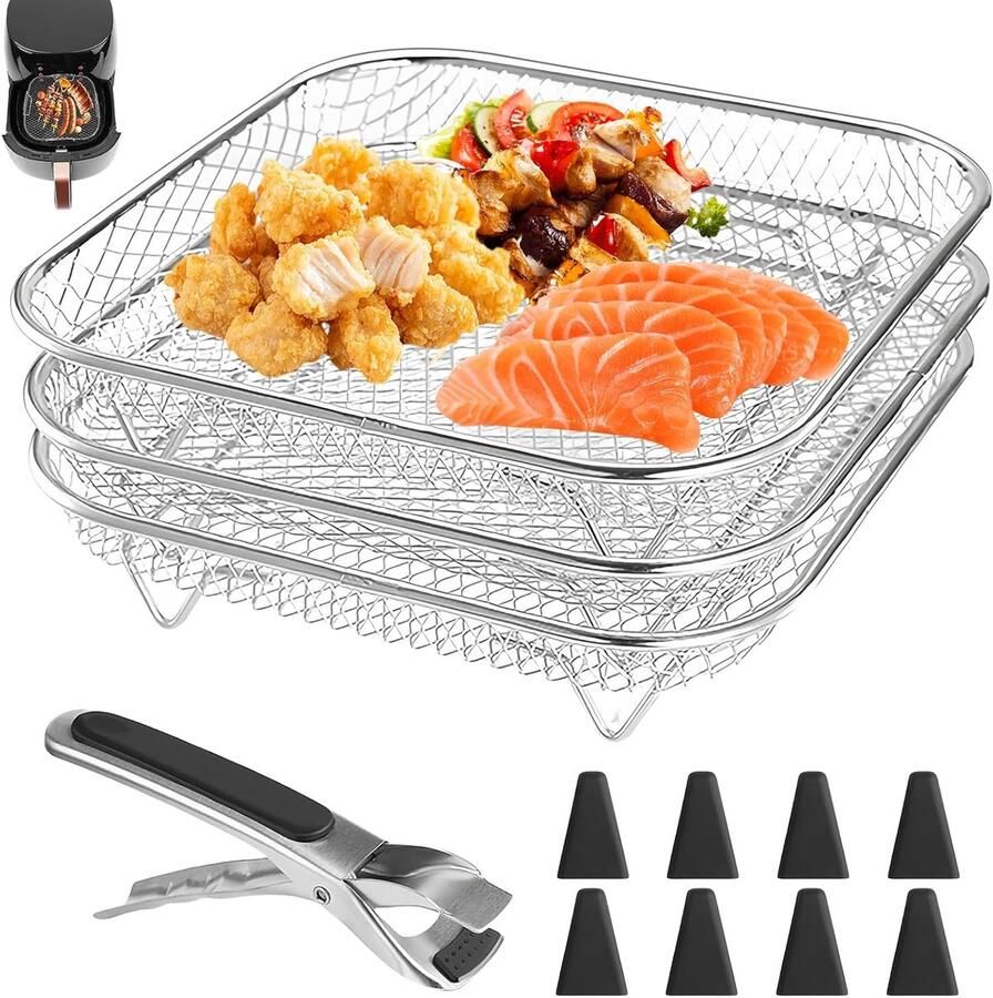 SnelShoppen Air Fryer Accessoires Set 3 Stuks RVS Air Fryer Racks Stapelbare Vierkante Mandjes met 8 Verhoogpads en Rooster Clip voor Keuken en B