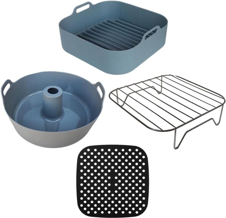 SnelShoppen Air Fryer Accessoires Set 4-delig 22cm Siliconen Bakmand 21cm Savarine Vorm Robuuste Rack & Silicone Mat voor Gezond Koken Geschikt