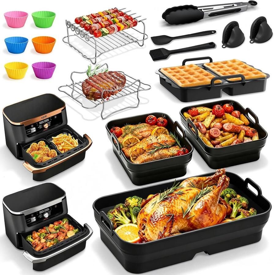 SnelShoppen Air Fryer Accessoires Set voor Ninja Foodi FlexDrawer AF500EU 10.4L Vouwbare Siliconen Mallen Muffin Cups Grillroosters Silicone Ta