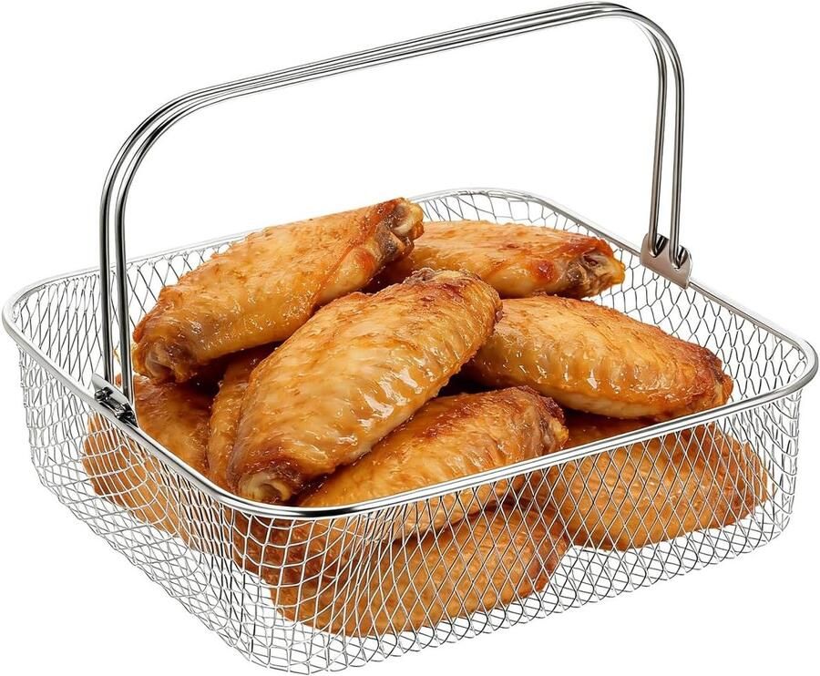 SnelShoppen Air Fryer Net Basket Vervangende Mand met Handvat 20 x 20 x 6 cm voor Krokante Kip en Frietjes Geschikt voor Keuken en BBQ