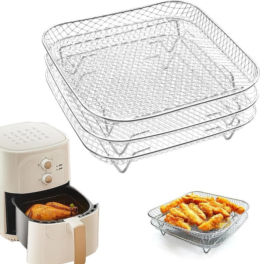 SnelShoppen Air Fryer Rack 3 Laags 21 cm Stapelbaar RVS Accessoires voor Air Fryer Dehydrator en Oven Gezond Bakken en Koken