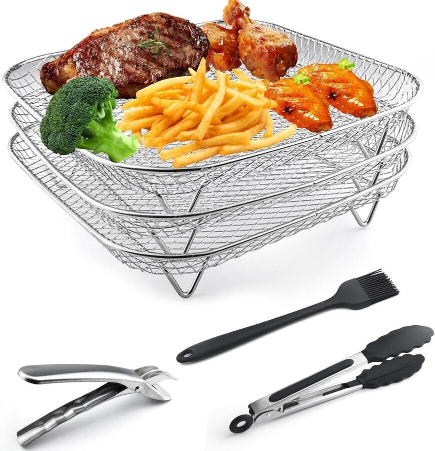 SnelShoppen Air Fryer Rack 3 Laags Stapelbaar Rvs 304 Gezonde Snacks Dehydrator Racks met Tangen en Borstel Voor Oven Magnetron Bakken en Roos - Foto 1
