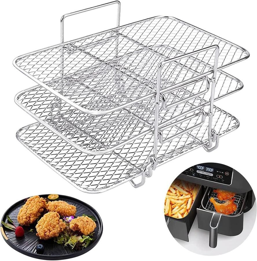 SnelShoppen Air Fryer Rack Drie Laags Stapelontwerp Gelamineerd RVS Geschikt voor Air Fryer Grillrooster voor Ninja Dual Zone Air Fryer