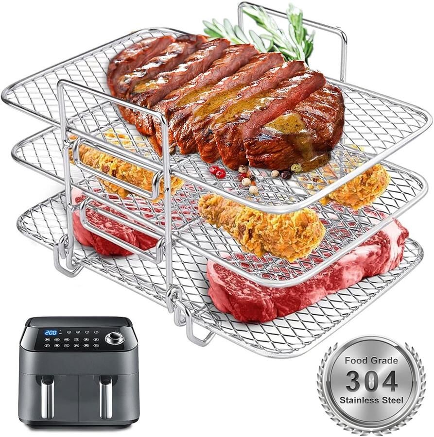 SnelShoppen Air Fryer Rack voor Dual Air Fryer 304 RVS Drie Laags Kookrooster Voor Ninja AF300UK AF400UK Salter EMtronics Keukenaccessoires