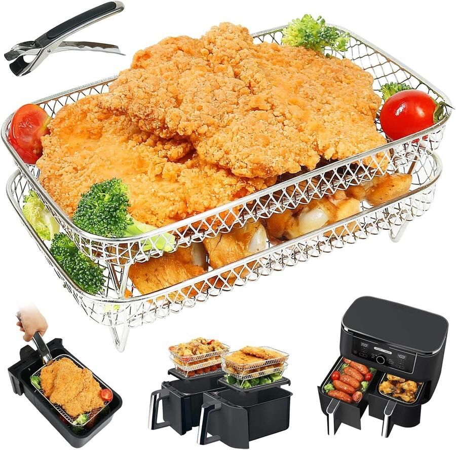 SnelShoppen Air Fryer Racks 2 Lagen 304 RVS met Clip Geschikt voor XL Dual Air Fryer 8.2L-9.5L Perfecte Accessoires voor Keuken