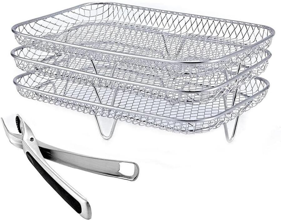 SnelShoppen Air Fryer Rek met 3 Niveaus Voedsel Droogstand Compatibel voor Ninja Dual Air Fryer Stapelbare Dehydrator Racks RVS Keukenaccessoires