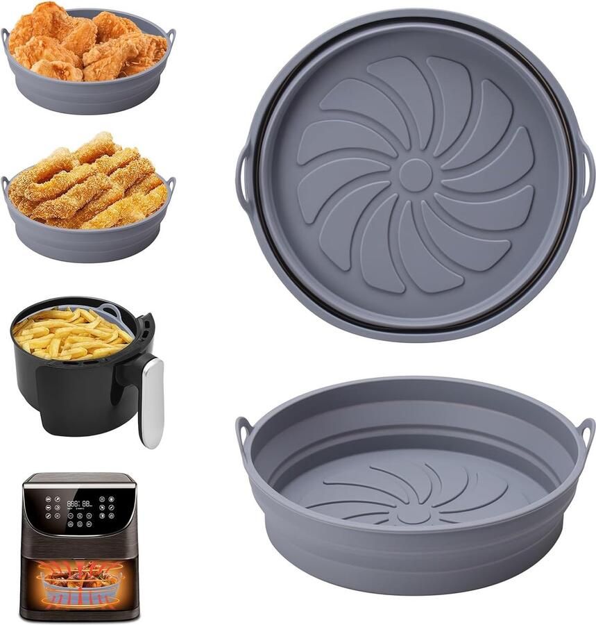 SnelShoppen Air Fryer Silicone Pot 2 Stuks Herbruikbare Airfryer Pan Liner Vouwbare Bakaccessoires voor Airfryer Magnetron Oven Grijs 20CM