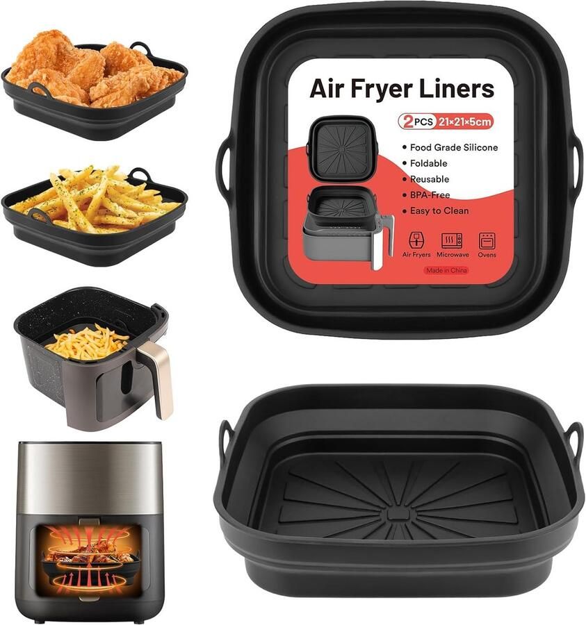 SnelShoppen Air Fryer Silicone Pot Set 2 Stuks Herbruikbare Bakvormen voor Airfryer en Magnetron Vouwbare Accessoires voor Keuken Zwart en Duu