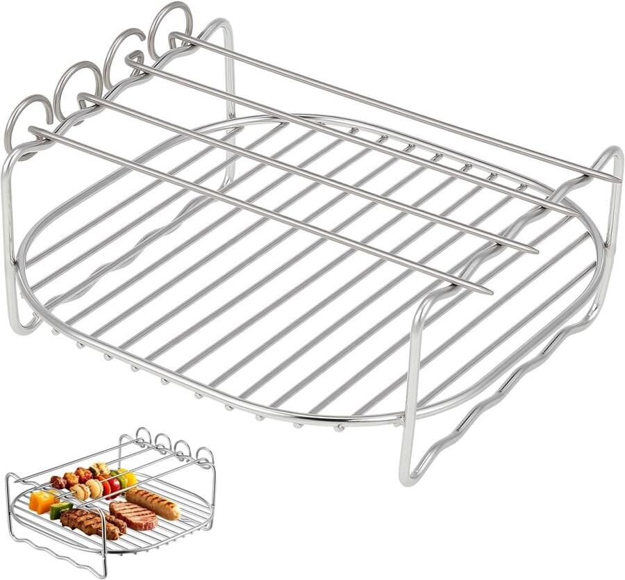 SnelShoppen Airfryer Accessoires Dubbele RVS Grillrooster met Spiesen 18 x 7 cm Vierkant Voor Airfryer en Casserole Ideaal voor Stomen Bakken