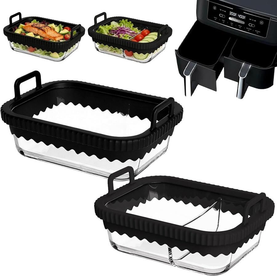 SnelShoppen Airfryer-accessoires Glazen Ovenschaal 21x16x7 cm 2 Stuks met Siliconen Handgrepen Perfect voor Ninja en COSORI Heteluchtfriteuses