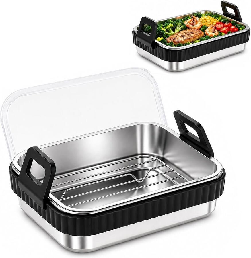 SnelShoppen Airfryer Accessoires Roestvrij Staal 304 met Rooster en Deksel voor Ninja en Cosori 20x15x5 58 cm Afneembare Siliconen Handgrepen