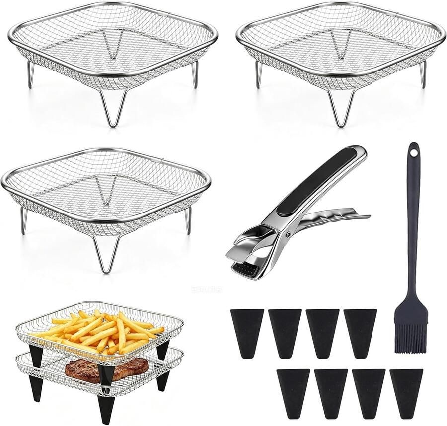SnelShoppen Airfryer-accessoires Set 3 Stuks Manden voor Heteluchtfriteuse RVS Kookrek met 8 Siliconen Voetjes Pincet en Borstel voor Gezond Koken