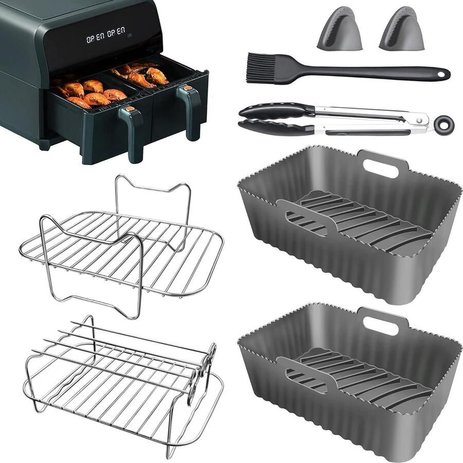 SnelShoppen Airfryer Accessoires Set 8-delig Silicone Airfryer Inzetstukken Rvs Standaard met Spiezen Handschoenen Tangen en Oliekwast Geschi