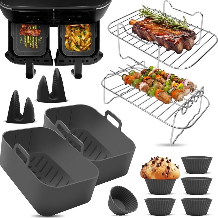SnelShoppen Airfryer Accessoires Set Heteluchtfriteuse Accessoires voor Dual Airfryers Inclusief Siliconen Bakje en E-Receptenboek Geschikt vo