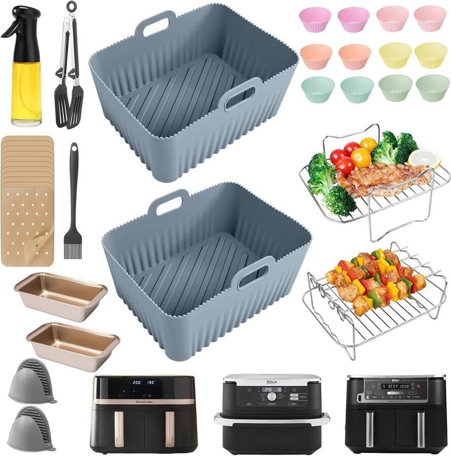 SnelShoppen Airfryer accessoires set met silicone voeringen glazen olie spuitfles 200ml broodblik air fryer rek cupcake mal voor Ninja AF400UK A
