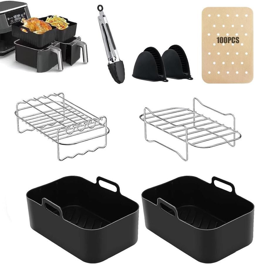 SnelShoppen Airfryer Accessoires Set van 8 voor Dubbele Airfryer Racks Siliconen Liner Papieren Liner Siliconen Handschoenen Voedselclip Ges