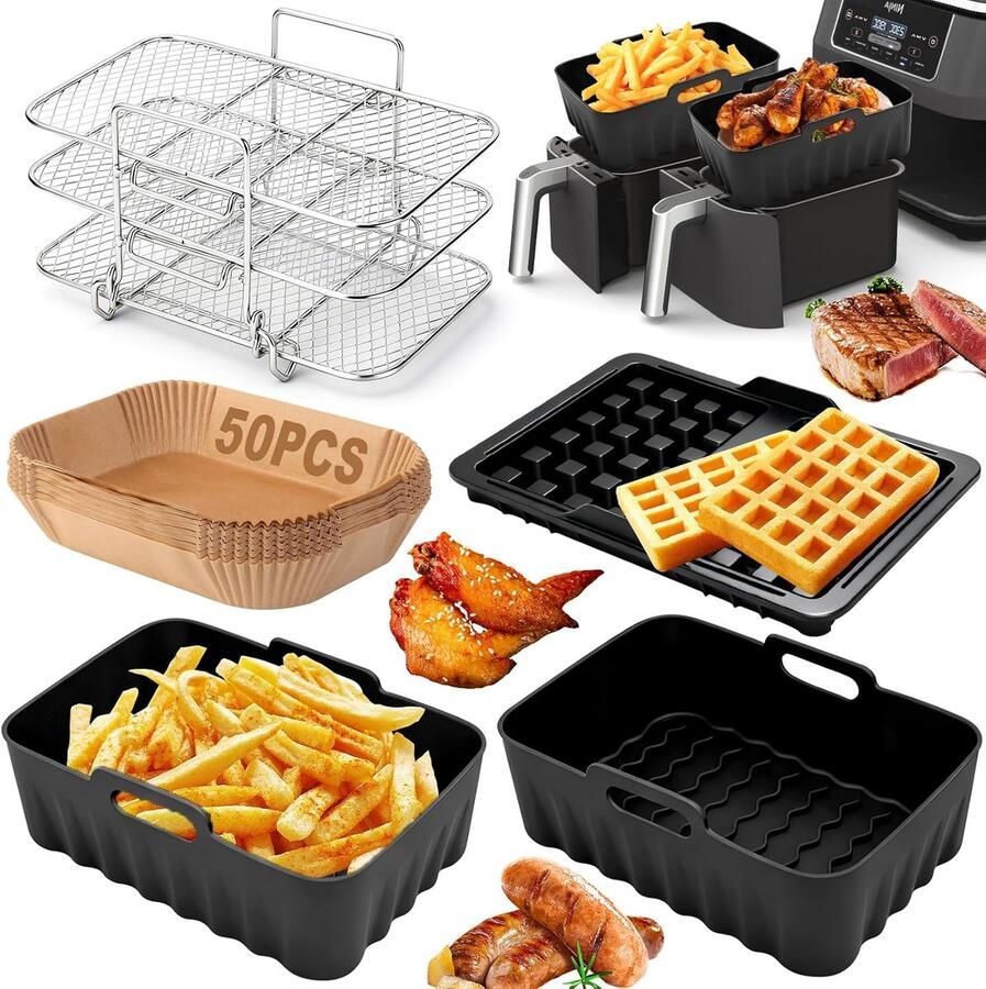 SnelShoppen Airfryer Accessoires Set voor 7.6L-9.5L Ninja Heteluchtfriteuse Silicone Vorm Grillrooster Wafelinzetstuk BPA-vrij Ideaal voor Keu