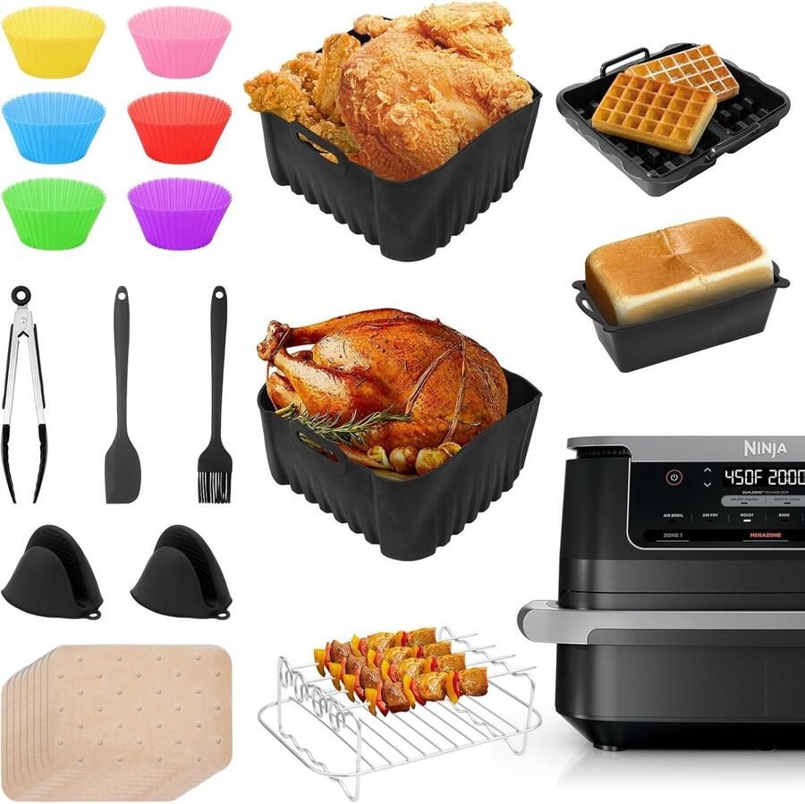 SnelShoppen Airfryer Accessoires Set voor Ninja Foodi Flexdrawer 10.4L 22-delige Silicone Mallen 2x5.2L Silicone Inzet RVS Spiesrek Bakvormen