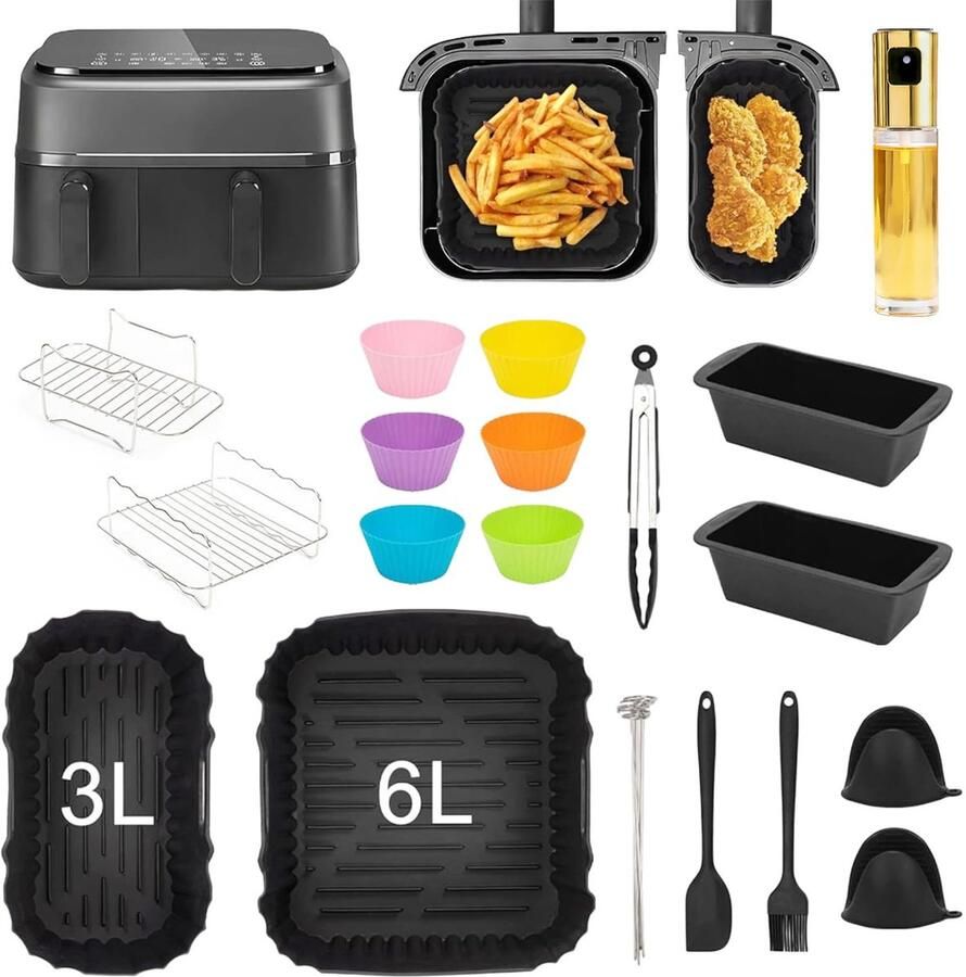SnelShoppen Airfryer-accessoires voor Philips Dual Basket Airfryer 3000-serie NA350 heteluchtfriteuse accessoires met glazen oliespray siliconenvo