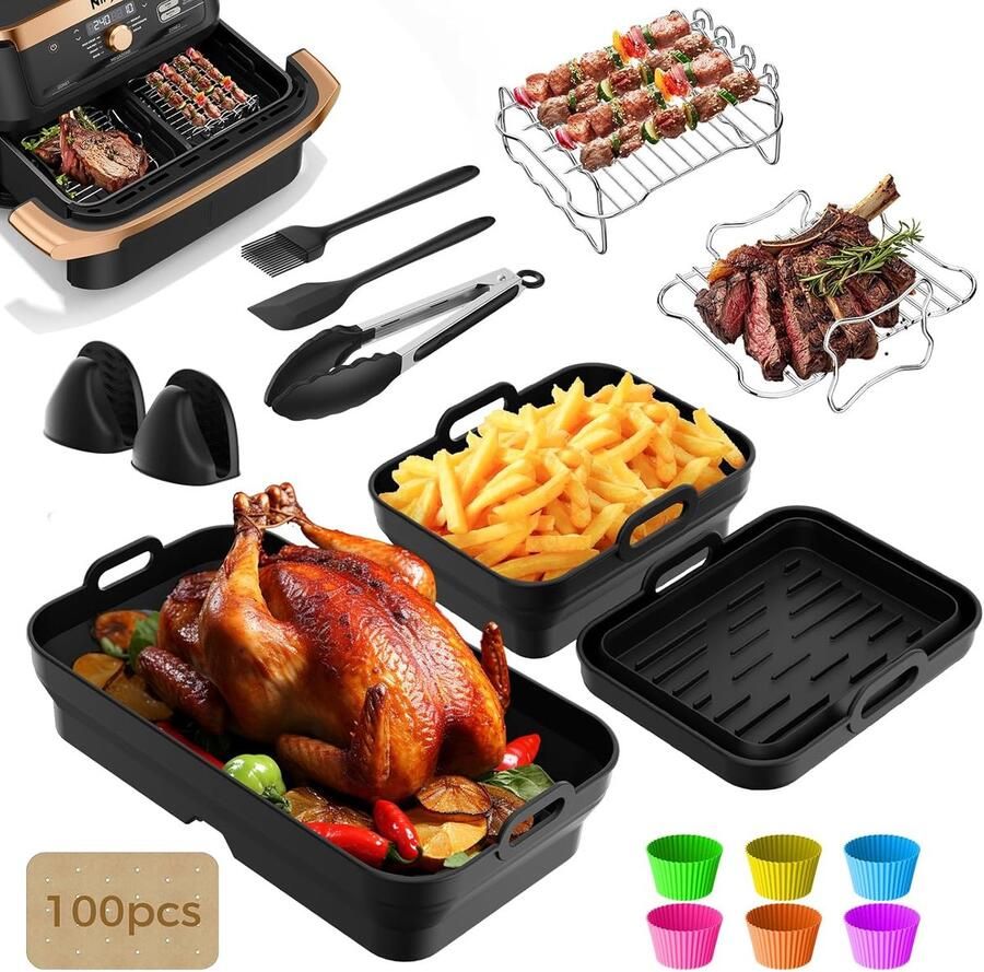 SnelShoppen Airfryer Accessoireset voor Heteluchtfriteuse 3x Opvouwbare Siliconen Vorm Grillroosters Bakpapier en Gereedschap voor Keuken en Fees