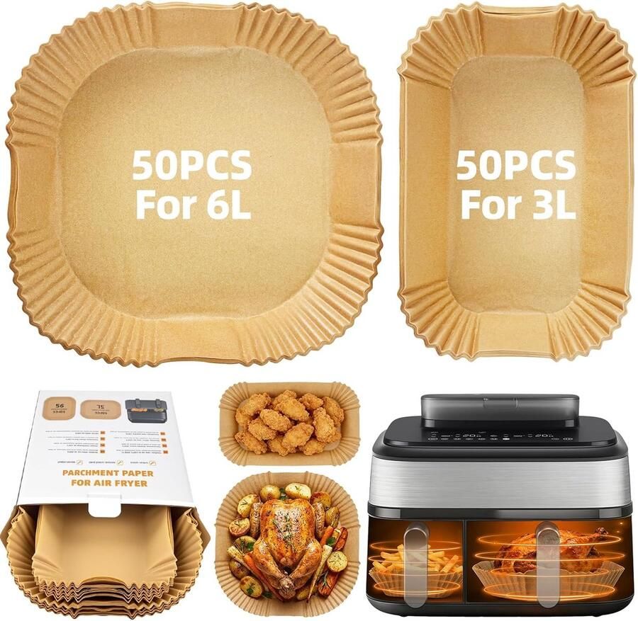 SnelShoppen Airfryer Bakpapier 100 stuks voor Dubbele Heteluchtfriteuse 6L 3L Gezond Koken Accessoires voor Tefal Cecotec Cookwise Tower Salter