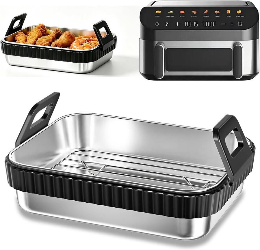 SnelShoppen Airfryer-dienblad 304 Roestvrij Staal met Rooster en Afneembare Siliconen Ring Zwart Veilig en Makkelijk te Reinigen Airfryer Accessoi