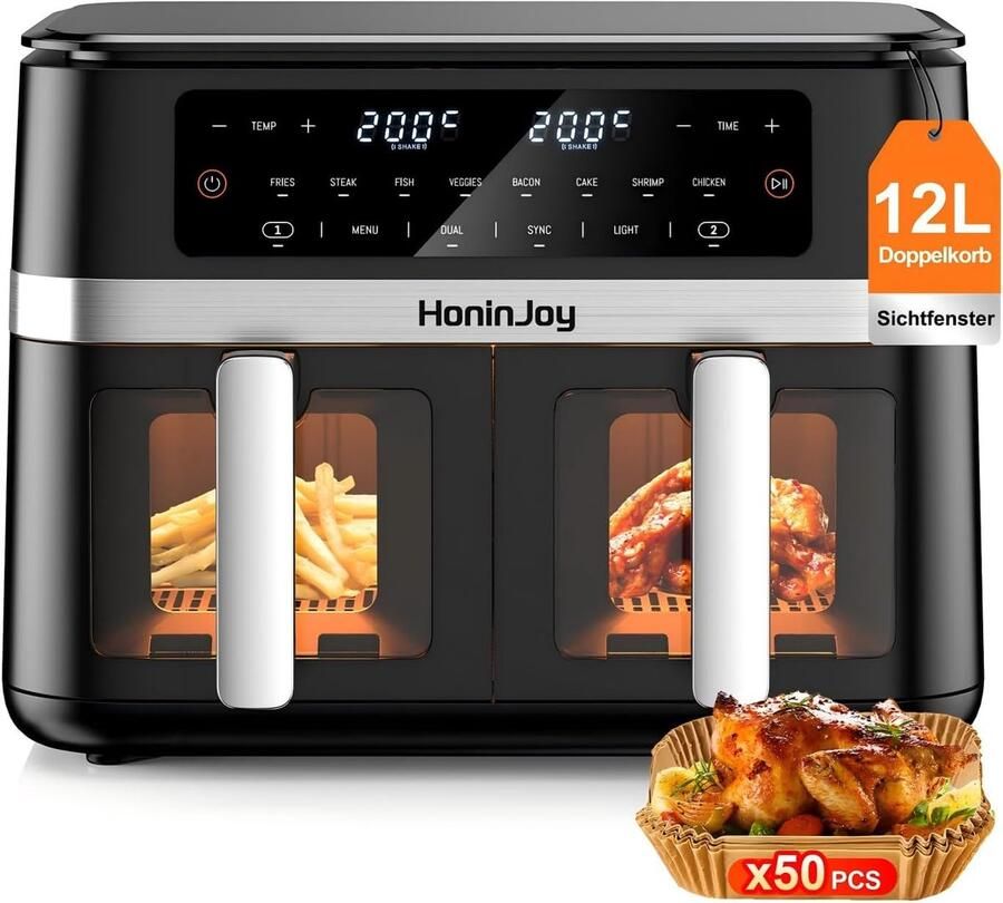 SnelShoppen Airfryer Dubbele Mand 12L met Beeldvenster 50 Papieren Liner 12-in-1 Dubbelzone Airfryer met Digitaal Touchscreen Sync-Cook Functie v