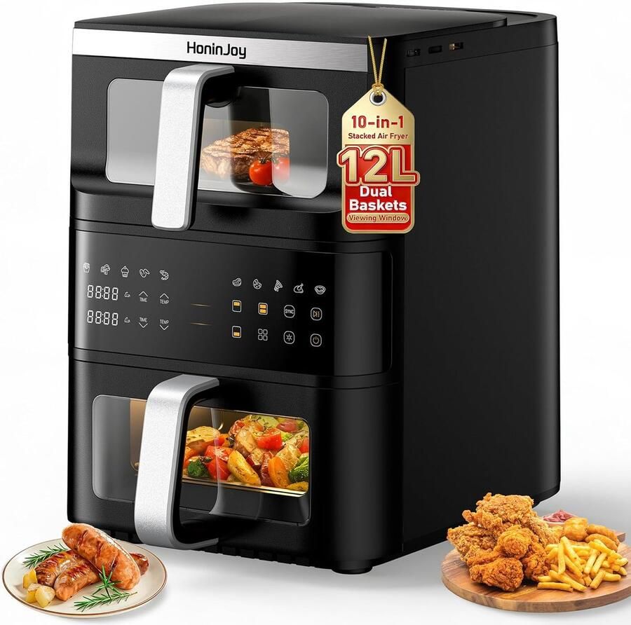 SnelShoppen Airfryer met Dubbele Mand 4L + 8L Grote Verticale Compacte Design Airfryer met Papieren Liners 10-in-1 Voorinstellingen voor Gezonde