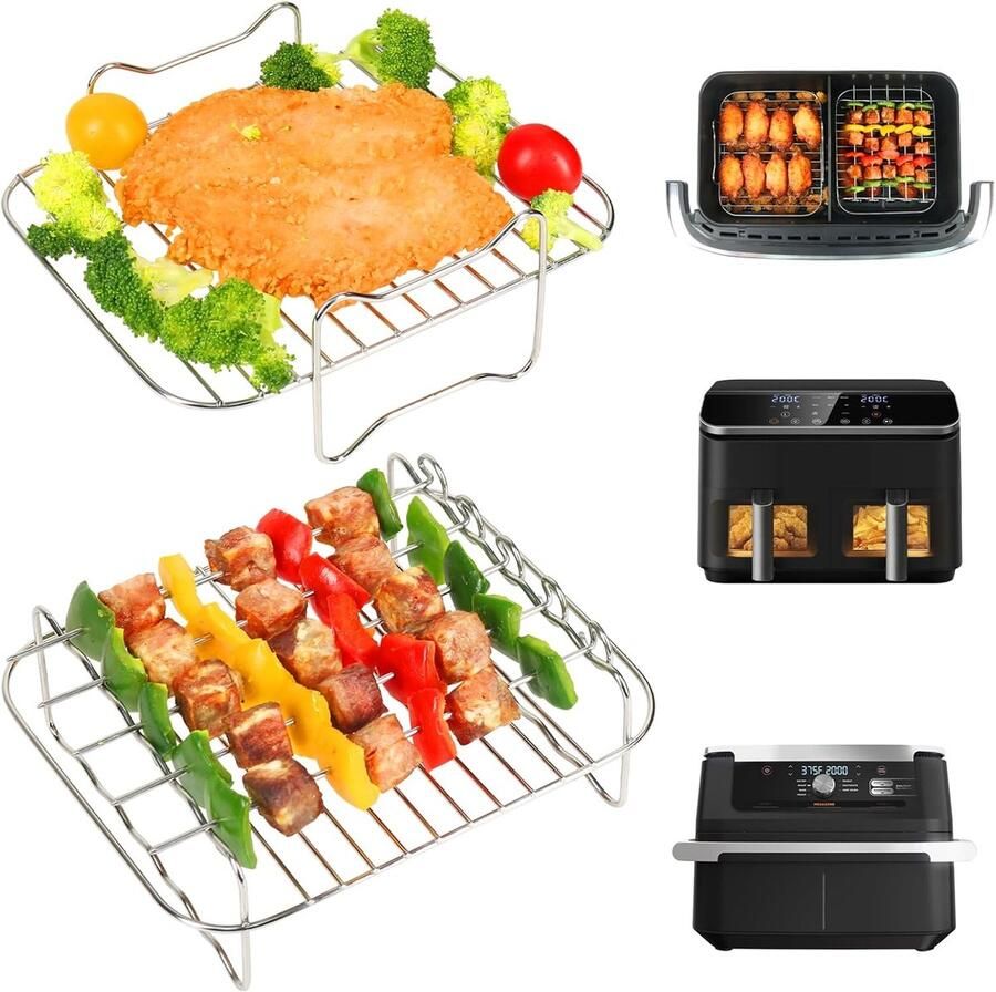 SnelShoppen Airfryer Rack Set voor Dual Air Fryer 10.4L RVS Grill Rack met 5 Kebab Spiesen Accessoires voor Ninja FlexTray Airfryer Verhoog de Ko