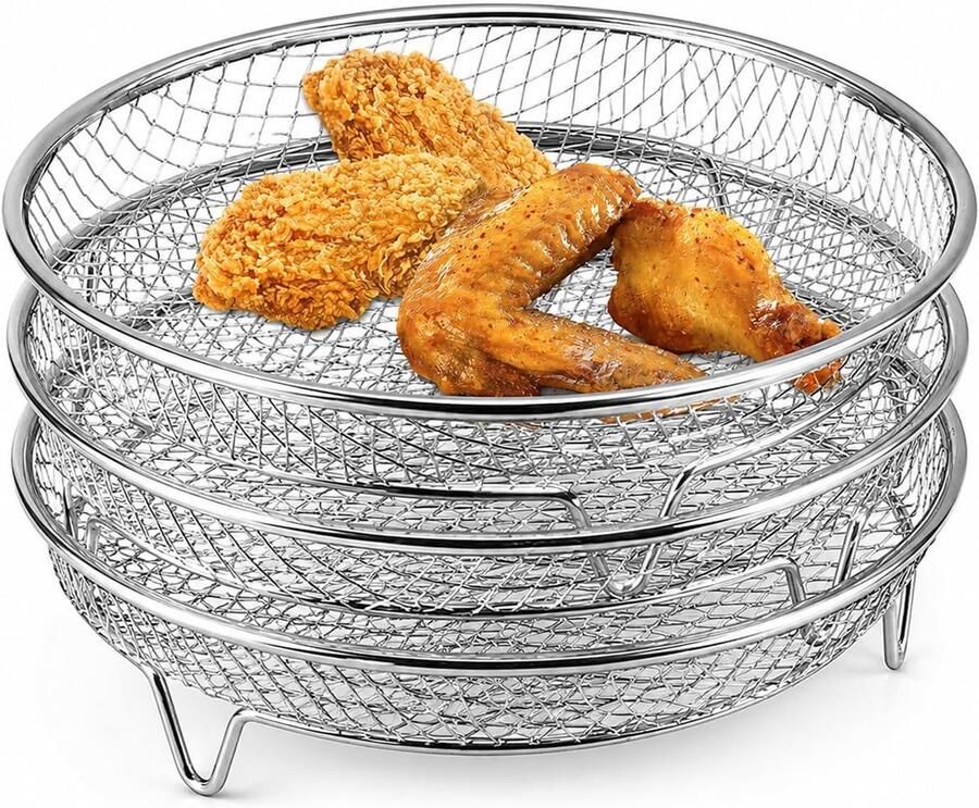 Rack Stackable dry shelves and a 3-level deep fryer voor Ninja Stapelbare Air Fryer Accessoires 7 8 inch Air Fryer Mand Tray Meerlaags Dehydrator Rack voor Bakken Roasten (rond)