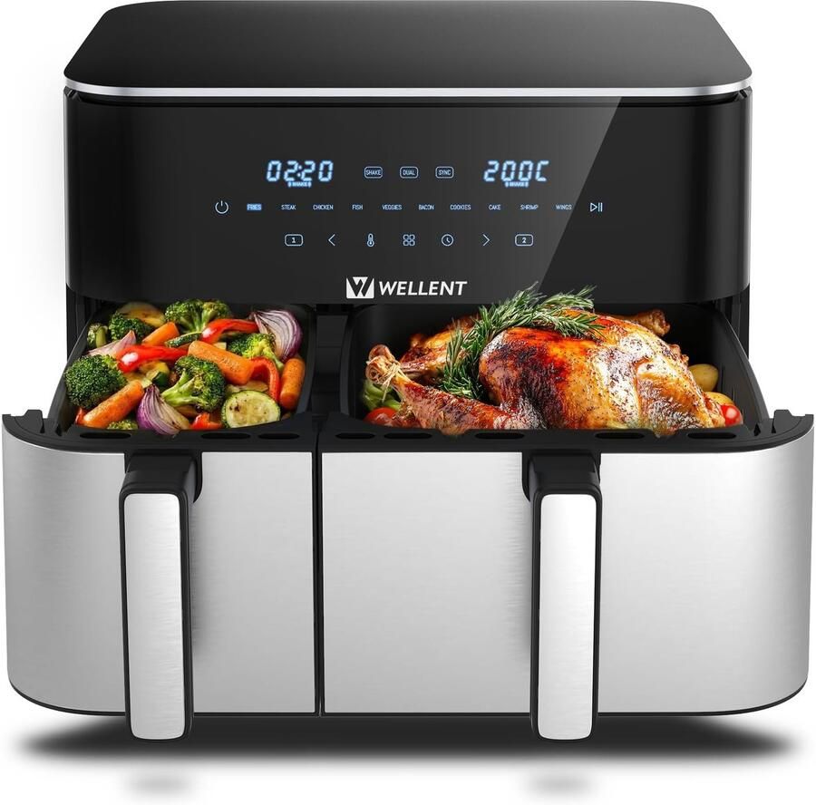 SnelShoppen Airfryer XXL 11 liter 2 kamers (4 + 7 l) 2600 W 10-in-1 heteluchtfriteuse met touchscreen dubbele kamer schudherinnering ideaal vo