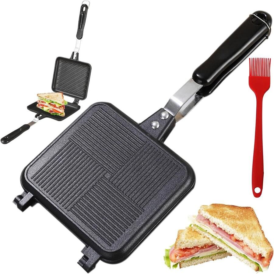 SnelShoppen Aluminium Dubbelzijdige Kookpan Warm Sandwich Maker Pan Toastpan met Hittebestendige Handgreep Anti-aanbak Coating Sandwich Panini M