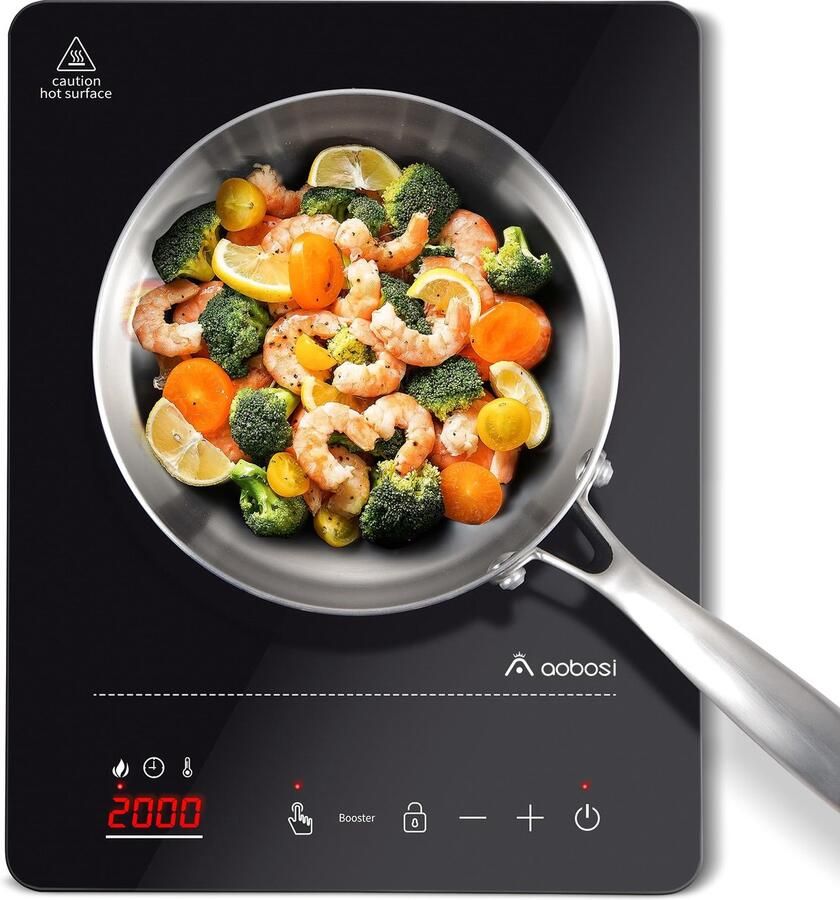 SnelShoppen Aobosi Inductiekookplaat 2000W Draagbare Inductiekookplaat met 20 Vermogensniveaus 20 Temperatuurniveaus LED-Display 10-Uurs Timer