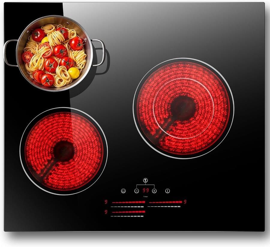 SnelShoppen Autonome Keramische Kookplaat 60 cm met Dubbele Ring 3 Hobs 5500 W Kindveilig Timer Touch Control Voor Keuken Koken Feest Moder