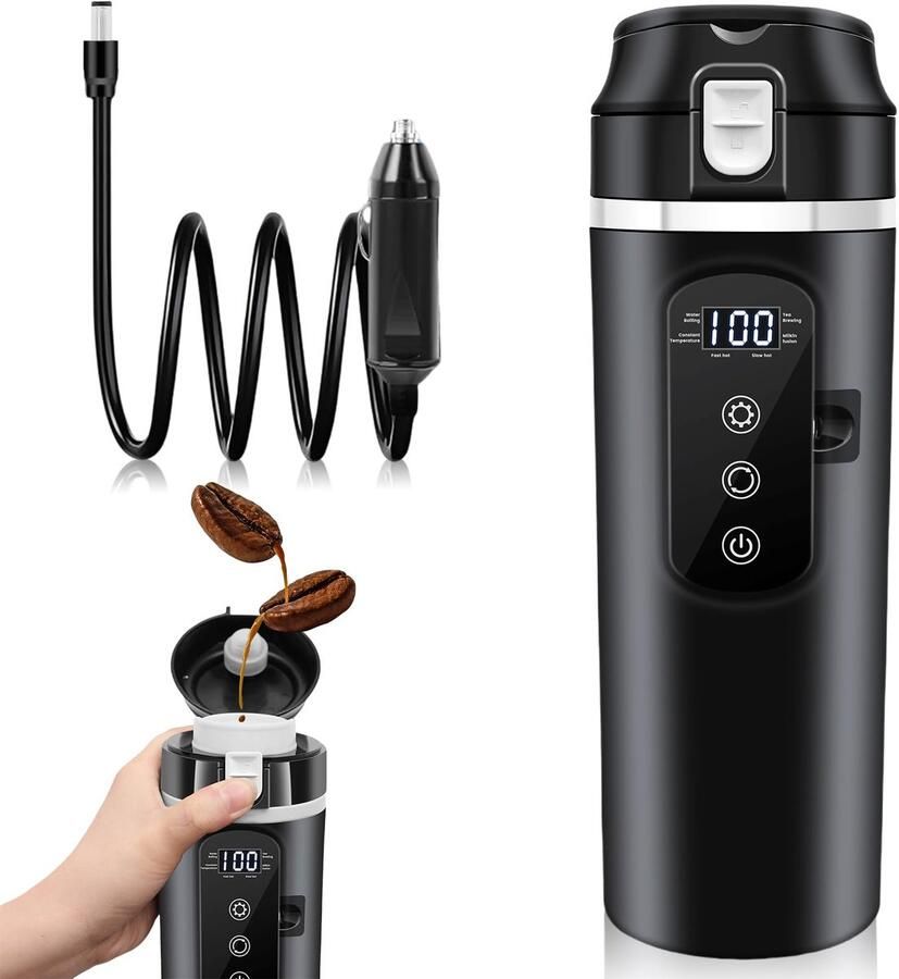 SnelShoppen Autoverwarmingsbeker 500 ml 12V 24V Waterkoker voor Auto Lekvrij Mini Draagbaar Elektrisch Zwart Ideaal voor Reis Camping en ond